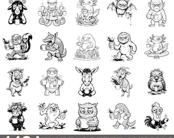 Paquete de 110 divertidos archivos SVG de animales con temática de café, imágenes prediseñadas de café gruñón (descarga digital)