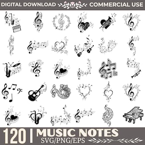Op de afbeelding: Een verzameling van 120 zwart-witte digitale grafische ontwerpen met muzieknoten, vioolsleutels, harten en instrumenten zoals piano's, gitaren, saxofoons en trompetten. De tekst luidt DIGITAL DOWNLOAD COMMERCIAL USE en 120 MUSIC NOTES SVG/PNG/EPS.