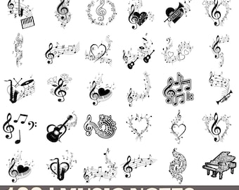 Paquete de 120 notas musicales en formato SVG, PNG y EPS, símbolos musicales e instrumentos gráficos (descarga digital).