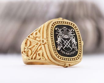 Anillo de escudo de armas personalizado - Anillo de sello con escudo familiar - Anillo heráldico de oro personalizado para hombre - Regalo para él en el Reino Unido - Anillo de sello personalizado