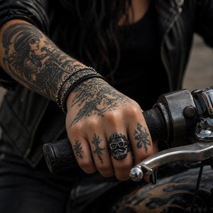 Puede incluir: Anillo plateado con dise&ntilde;o de calavera con gafas de sol y barba. El anillo est&aacute; en una mano tatuada que sostiene el manillar de una moto. La persona lleva una chaqueta de cuero negra.