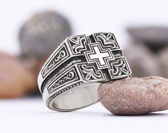 Antique Style Sterling Silver Cross Ring – Byzantine Pattern Handmade Statement Ring - Handmade Artisan Gift - Cross Sterling Silver Ring