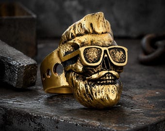 Anillo de calavera motera - Anillo gótico de plata con calavera - Anillo de sello pesado hecho a mano - Joyería punk rock - Regalo para moteros - Anillo de motociclista (Reino Unido)