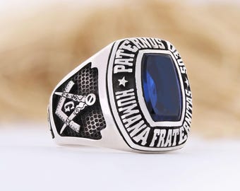 Anillo masónico personalizado: regalo de joyería masónica con piedra de plata de ley. Anillo masónico personalizado con brújula, escuadra y símbolo de la G.