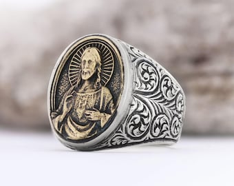 Anillo con sello de Jesucristo hecho a mano - Anillo religioso para cristianos - Anillo del Sagrado Corazón de Jesús - Anillo con el icono de Jesús - Regalo religioso de fe