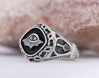 Anillo de sello del Ojo que Todo lo Ve - Anillo masónico de plata - Anillo del ojo masónico - Anillo con el símbolo de los Illuminati - Anillo de sociedad grabado - Anillo de sello personalizado