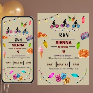 May include: A birthday party invitation featuring a beige background with the text "RUN SIENNA is turning 9". The design includes silhouettes of cyclists, pizza slices, waffles, ice cream cones, and a boombox. The date is May 12th at 7 PM.
