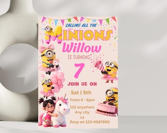 Pink Minions Birthday Invitation, Cute Minion Girl Birthday Party Invite, Pink Birthday Digital Invitation, Editable Canva, Printable Invite
