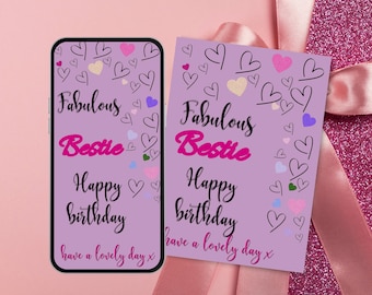 Aesthetic Pink Heart Best Friend Birthday Card, Printable Bestie Card, Trendy BFF Card Download