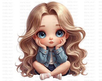 Quirky sitting girl clip art, whimsical girl clipart, download for teachers, scrapbook, clipart, Chibi girl clip art, 27 PNG Files.