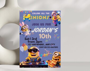 Blue Minions Birthday Invitation, Minion Birthday Party Invite, Blue Birthday Digital Invitation, Editable Template, Birthday Invite