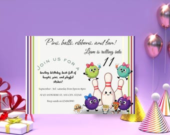Retro Bowling Birthday Invitation Template | Editable Canva Bowling Party Invite