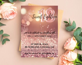 Sweet 16 Rose Gold Birthday Card Invite Downloadable Template Template Girl