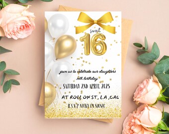 Sweet 16 Happy Birthday Card Invite Template Downloadable Digital
