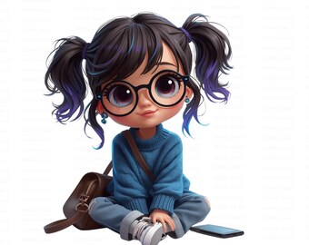 Quirky sitting girl clip art, whimsical girl clipart, download for teachers, scrapbook, clipart, Chibi girl clip art, 17 PNG Files.