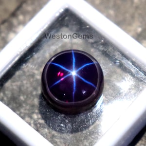 Puede incluir: Una gema de color púrpura oscuro con un patrón en forma de estrella de líneas azules, presentada en una vitrina cuadrada blanca. La gema es redonda y tiene una superficie pulida. El texto "WestonGems" es visible.