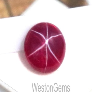 May include: A polished, oval-shaped, ruby gemstone with a six-ray star effect. The gemstone is a deep red color with white star lines. It is displayed in a white plastic case. The text "WestonGems" is printed on the case.