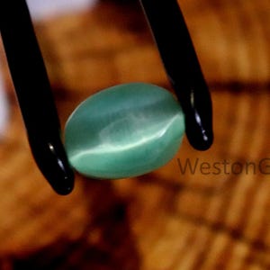 Peut inclure: Une pierre précieuse ovale de couleur sarcelle est maintenue par une pince noire. La pierre précieuse présente un effet chatoyant, avec une bande de lumière blanche brillante sur sa surface. L'arrière-plan est une surface en bois floue et aux tons chauds. Le texte "WestonGems" est visible.