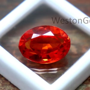 Puede incluir: Una gema ovalada de color naranja vibrante se muestra dentro de un contenedor blanco de forma cuadrada. La gema tiene una superficie facetada brillante que refleja la luz. El texto "WestonGems" es visible. El fondo es una superficie marrón borrosa.