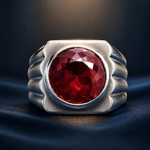 May include: A silver-toned ring featuring a large, round, faceted deep red gemstone set in the centre. The metal band has a wide, brushed finish with a series of vertical grooves along the sides, creating a structured and bold appearance.