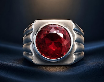 Handgemaakte natuurlijke rode robijnring 925 sterlingzilver | 18 kt ronde facetgeslepen robijn statement ring | Ring heren/dames maat US 12,5 | Klaar voor verzending