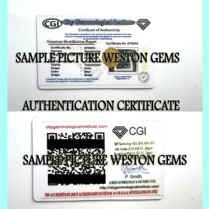 May include: Two white cards with text, including "Certificate of Authenticity" and "Gemstone Identification Report." The cards feature the logos of CGI and Weston Gems, with the words "SAMPLE PICTURE" overlaid. The bottom card has a QR code.