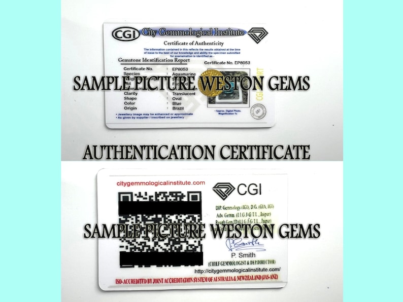 May include: Two white cards with text, including "Certificate of Authenticity" and "Gemstone Identification Report." The cards feature the logos of CGI and Weston Gems, with the words "SAMPLE PICTURE" overlaid. The bottom card has a QR code.
