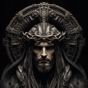 May include: A digital artwork depicting a man with a beard, wearing a crown of thorns and a detailed, metallic halo. The image is predominantly dark with intricate details, creating a somber and powerful portrait.