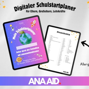 Puede incluir: Dos tabletas digitales que muestran un planificador escolar y una descripción general de alergias. El planificador escolar presenta un diseño colorido con un planeta y un cohete. La descripción general de alergias enumera varios alérgenos. El texto en las tabletas incluye "Planificador escolar digital" y "Planificador de alergias".