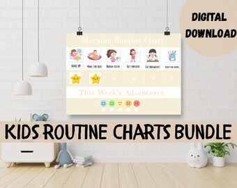 Pacote de Rotinas Infantis: Cronogramas Diários, Matutinos e Noturnos (Pôster Digital para Imprimir)