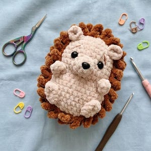 Peut inclure: Un hérisson crocheté à la main en fil beige et marron clair. Le hérisson a un corps rond, de petites oreilles et des yeux noirs. Des crochets, des marqueurs de point et des ciseaux arc-en-ciel sont également dans l'image.