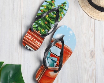 Merry Christmas Tree Red Truck Retro All Over Print Shirt Country Holiday Sandals Flip-Flops Cute Shoes