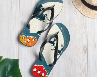 Tropical Christmas Eve Village Santa Reindeer Retro Holiday Vacation Sandals Flip-Flops Cute Shoes