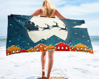 Tropical Christmas Eve Village Santa Reindeer Retro All Over Print Holiday Vacation Beach Towel Pool