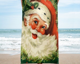 Vintage Santa Claus St Nick Tropical Christmas Wreath Holiday Retro Beach Towel Vacation