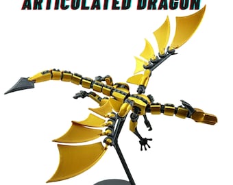 May include: A fully articulated dragon toy in gold and black. The dragon has large, stylized wings and a long, segmented body. The text "DUMMY 13 FULLY ARTICULATED DRAGON" is displayed in red and blue.