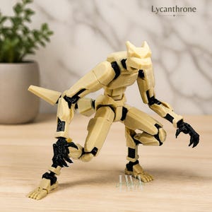 May include: A beige and black articulated action figure with a wolf-like head, pointed ears, and a tail. The figure is in a crouching pose with clawed hands and feet. The text Lycanthrone is visible in the upper right corner of the image.