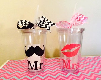 Mr.& Mrs. Acrylic Tumblers - Wedding Gift - Wedding Shower Gift - Red Lips - Mustache - Bachelorette Gift