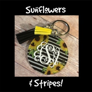 Sunflower Key Chain - Sunflowers - Key Fob - Black & White Stripes - Key Holder - Lanyard - Personalized Key Chain - Handbag