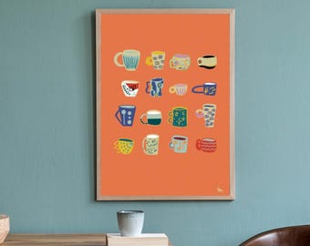 Colorful Mugs Illustration / Wall Art Print / Poster with a Variety of Colorful Mugs