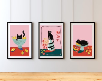PACK - 3 Cat Illustrations / Wall Art / Digital Prints / Colorful Art
