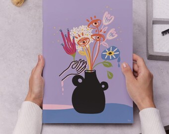 Illustration of a Vase with Flowers / Printed Flower Art