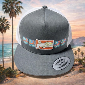 FISH Grey/White Block Print Trucker Snap Back Hat