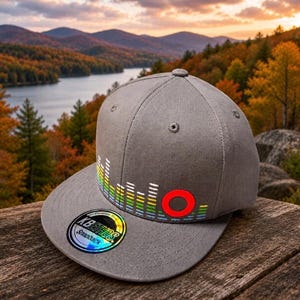 May include: A grey snapback hat featuring an embroidered graphic of a multi-colored sound equalizer bar and a solid red circle. A circular holographic sticker with the text KBETHOS Snapback is affixed to the flat brim of the cap.