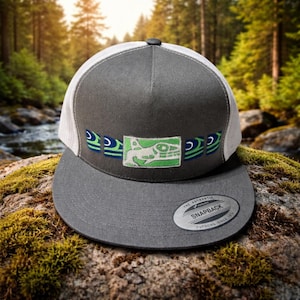 WHALE Grey/White Block Print Trucker Snap Back Hat