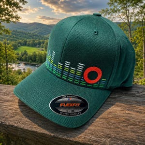 May include: A dark green baseball cap featuring an embroidered graphic of a sound equalizer in shades of blue, green, and white, alongside a prominent orange circle. A black sticker on the brim displays the text Flexfit The Original L/XL.