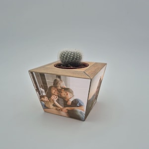 Peut inclure: Un pot carré en bois avec une impression de photo de famille sur les côtés. Le pot contient un petit cactus rond. Le pot a un cadre en bois brun clair et un intérieur brun foncé.