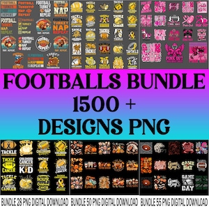 Puede incluir: Un paquete de descarga digital con más de 1500 diseños PNG con temas de fútbol. Los diseños incluyen balones de fútbol, pavos y texto como "Tackle" y "Pink Out". El paquete también incluye diseños relacionados con la concienciación sobre el cáncer infantil.