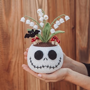 Jack Nightmare Crochet Flower Pot, Lily of the Valley Crochet Halloween Pot, Handmade Halloween Cartoon Room Decor,Spooky Mushroom Amigurumi