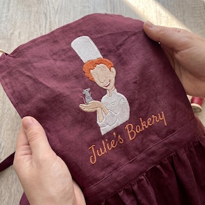 Tiny Chef Mouse Embroidered Apron, French Kitchen Apron With Pockets, Custom Name Linen Apron, Anyone Can Cook Apron, Little Chef Pinafore
